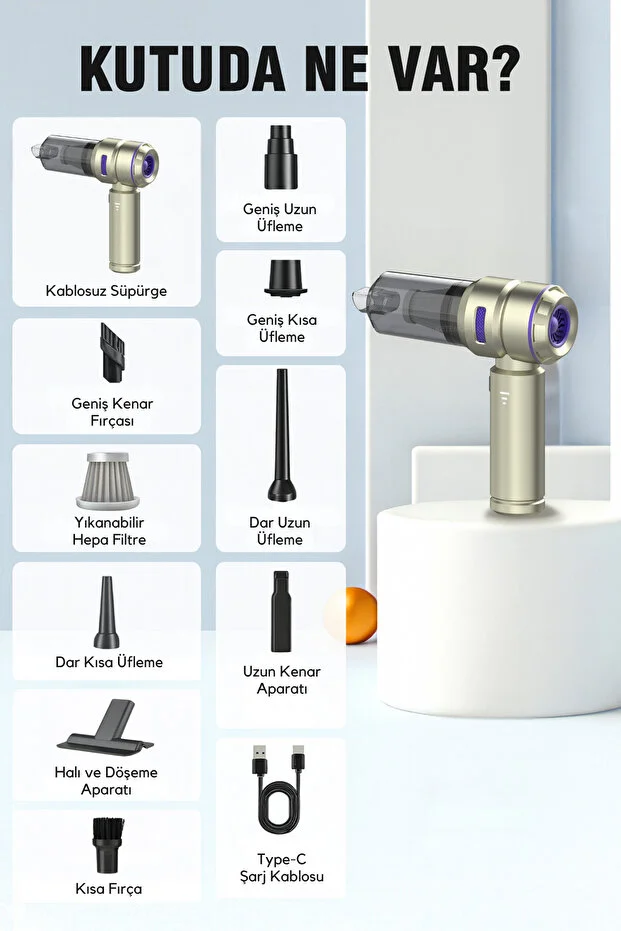 Şarjlı Araç İçi Süpürge Yüksek Emişli Taşınabilir Kablosuz Oto Vakum Temizlik Cihazı